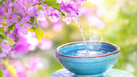 Pouring hot water into a blue ceramic bowl amidst vivid purple blossoms, capturing a peaceful, natural moment perfect for relaxation themesの素材