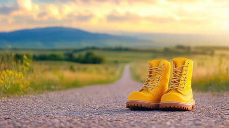 Yellow boots resting on a dusty road stretching into the horizon, capturing the spirit of travel, discovery, and the open roadの素材