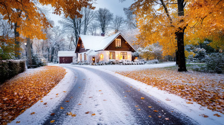 A cozy house at the end of a snowy autumn driveway, flanked by golden leaves and soft snowfall, blending seasonal charm and warmthの素材