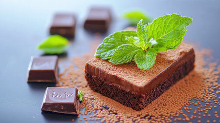 Close shot of luscious chocolate dessert with fresh mint garnish, cocoa powder sprinkle, and dark chocolate pieces for elegant recipe book imageryの素材