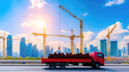 A hard-working red flatbed truck rolls past cranes with steel pipes onboard, a symbol of logistics at the heart of constructionの素材