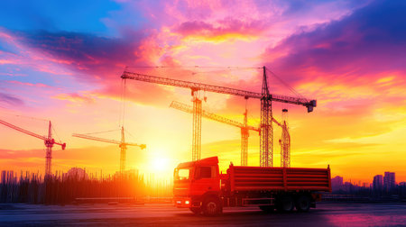 A hard-working red flatbed truck rolls past cranes with steel pipes onboard, a symbol of logistics at the heart of constructionの素材