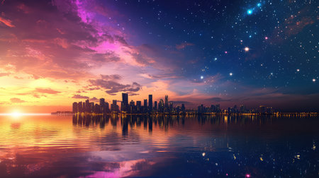 City harbor at night with glowing skyline, stars shining above, reflections on water creating perfect balance for travel poster themeの素材