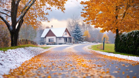 A cozy house at the end of a snowy autumn driveway, flanked by golden leaves and soft snowfall, blending seasonal charm and warmthの素材