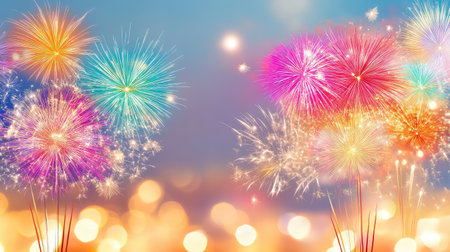 Huge bursts of fireworks bloom high above, lighting the sky with radiant patterns and captivating colorsの素材