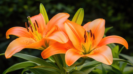 Garden composition of three orange lilies in full bloom, highlighting vivid petals and organic symmetryの素材