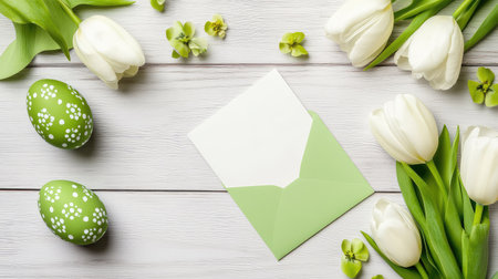 A colorful spring flat lay with white tulips, detailed green Easter eggs, and a blank card on a light green envelope set on a wooden surfaceの素材