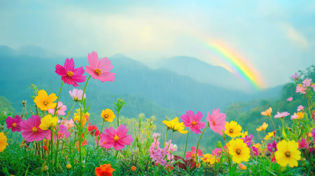 A dreamy vista of colorful winter flowers in Asia, veiled by rain and fog, with a faint rainbow arching gently across the skyの素材