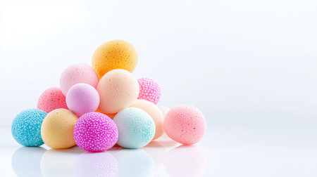 Artistic pile of colorful makeup applicator sponges against a clean white background, emphasizing shape, texture, and vibrant huesの素材