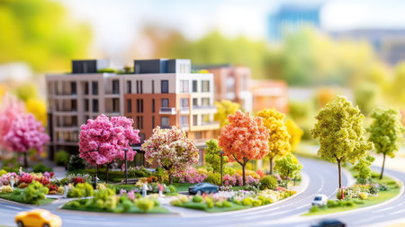 Close-up of a high-res maquette displaying a mixed-use development with clear residential, commercial, and recreational zones for urban planningの素材