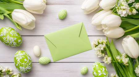 Artistic spring flat lay of white tulips, intricately designed green Easter eggs, and blank card on light green envelope, arranged on woodの素材