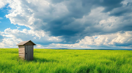 Aged wooden outhouse with creaky door amidst a grassy field under heavy cloudy skies, evoking quiet rustic simplicity and timeworn beautyの素材
