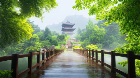 A peaceful misty temple viewed across a rain-wet wooden bridge bordered by detailed stone balustrades, perfect for tranquil travel imageryの素材