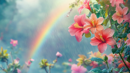 Vivid Asian winter flowers glisten amid rain and fog, with a subtle rainbow arching softly, creating an ethereal, dreamy moodの素材