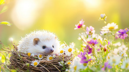 Soft white hedgehog curled up in a delicate flower nest bathed in warm meadow sunlight, radiating calm and natural beautyの素材
