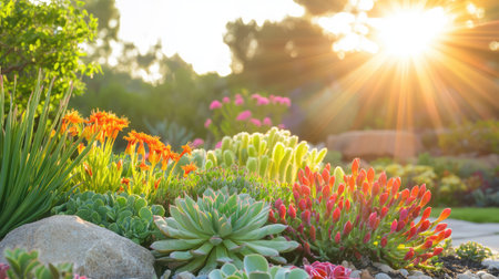 Bright sunbeams highlight a thriving succulent garden, with textured decorative rocks providing depth and natural balanceの素材