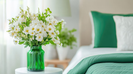 Chic bottle vase filled with fresh blooms sits on a nightstand, beautifully matching a contemporary bedroom emerald green bedding for a fresh lookの素材