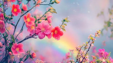Vivid Asian winter flowers glisten amid rain and fog, with a subtle rainbow arching softly, creating an ethereal, dreamy moodの素材