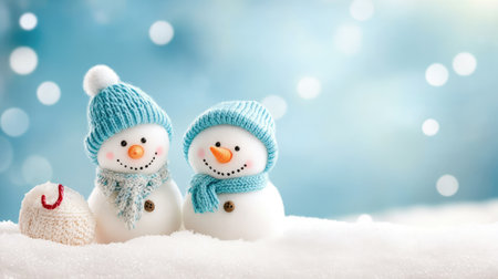Cozy knitted snowmen resting gently on white snow against a peaceful blue background, perfect for whimsical winter themesの素材