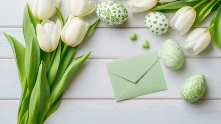 Spring-themed flat lay with fresh white tulips, detailed green Easter eggs, and a blank card resting on a light green envelope on woodの素材