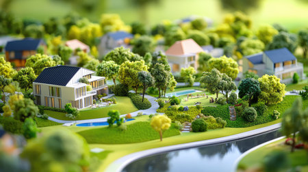 Close-up view of a high-res maquette illustrating a mixed-use development blending residential, commercial, and green recreational zonesの素材
