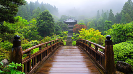 Rain-moistened wooden bridge with carved stone balustrades leads to a misty temple, capturing a mysterious and peaceful atmosphereの素材