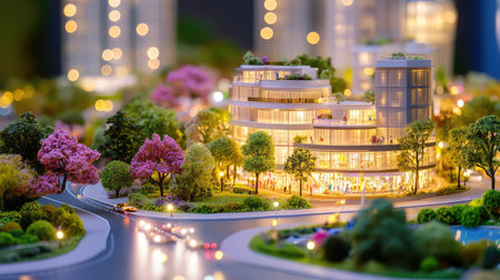 Architectural scale model with detailed features presenting a mixed-use development, balancing living, shopping, and leisure in one designの素材