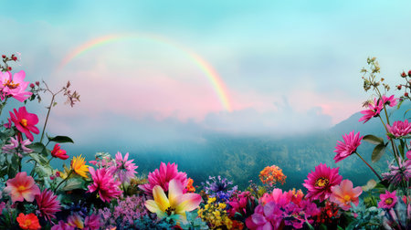 A dreamy vista of colorful winter flowers in Asia, veiled by rain and fog, with a faint rainbow arching gently across the skyの素材