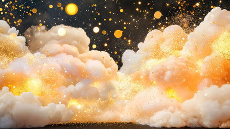 Abstract celebration with golden glitter clouds bursting on pure black background, festive and elegantの素材