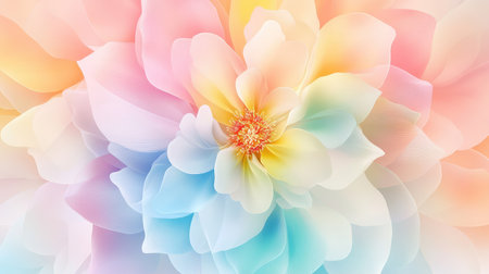 Abstract pastel floral burst with layered radial symmetry, soft pinks, yellows, and mint hues blending in dreamy circular designの素材
