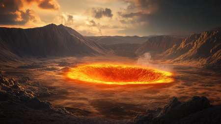 Glowing orange crater in dark desert landscape, intense lighting contrasts with deep shadows in rugged terrainの素材