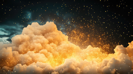 Abstract celebration with golden glitter clouds bursting on pure black background, festive and elegantの素材