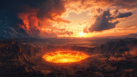 Glowing orange crater in dark desert landscape, intense lighting contrasts with deep shadows in rugged terrainの素材