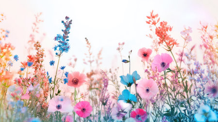 Delicate wild meadow flowers in pink and blue hues arranged against white background with copy spaceの素材