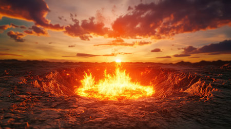 Isolated fiery crater radiating orange light across dark, cracked desert floor, cinematic terrain conceptの素材