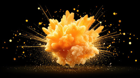 Dramatic gold glitter explosion frozen mid-air over a dark black canvas, sparkling dynamic effectの素材