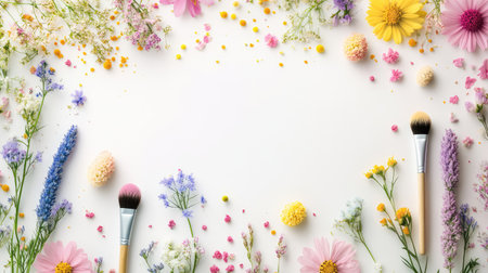 Minimalist flat lay of meadow flowers in soft colors, isolated on white with room for text or design overlaysの素材