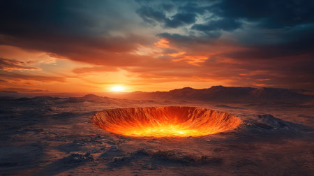 Fiery orange crater glowing in a stark dark desert, dramatic shadows and textured terrain, otherworldly landscapeの素材