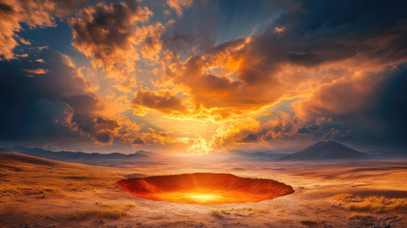 Volcanic orange crater in a barren desert under dark sky, deep shadows and glowing light form surreal sceneの素材
