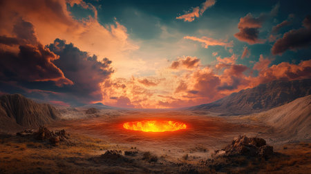 Fiery orange crater glowing in a stark dark desert, dramatic shadows and textured terrain, otherworldly landscapeの素材