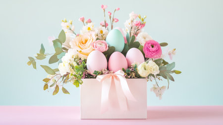 Holiday celebration basket with decorated eggs, floral accents, and pastel backgroundsの素材