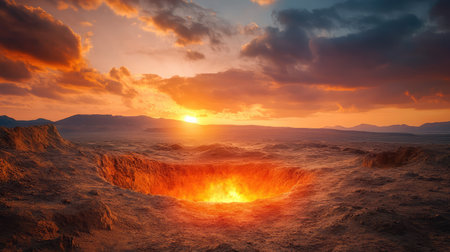 Harsh dark desert scene with glowing orange crater center, stark isolation and deep visual contrastの素材
