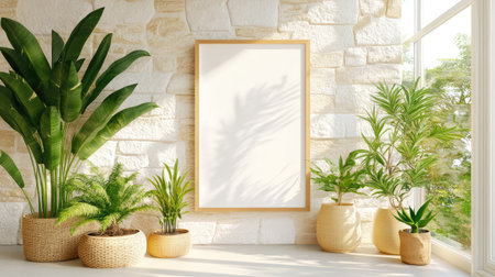 Clean interior with empty vertical frame on stone brick wall, modern boho vibe with plants and cozy texturesの素材