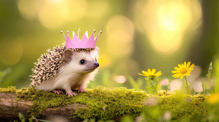 A cute hedgehog dons a paper crown while standing on a mossy log, evoking fairy tale charm and woodland royalty in a natural settingの素材
