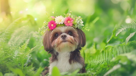 Charming Shih Tzu wearing a delicate floral crown sits peacefully among lush green foliage, capturing a serene and adorable moment in nature embraceの素材