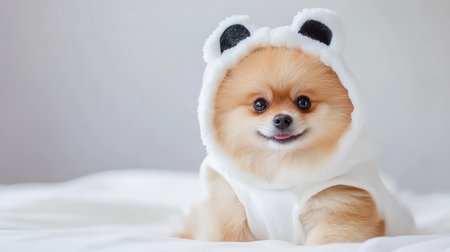 Fluffy Pomeranian dog modeling a panda costume against a white backdrop, capturing the joyful and whimsical spirit of pet costumesの素材