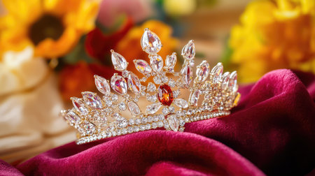 A sparkling jeweled tiara placed gracefully on lush velvet fabric, highlighting the intricate craftsmanship and opulent shineの素材