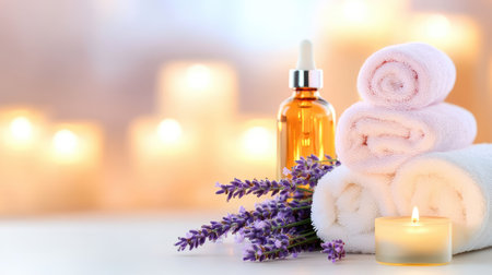 Close-up of lavender essential oil, burning candles, and neatly folded towels in a tranquil spa environment designed for ultimate relaxationの素材