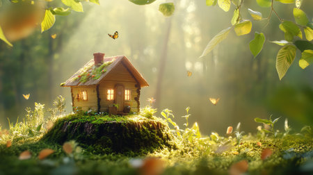 A tiny wooden cottage rests on a lush mossy stump, surrounded by sunlit leaves and woodland plants, evoking fairy tale charm deep in the forestの素材