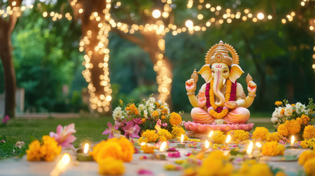 A radiant Ganesha statue glowing under fairy lights, encircled by rich marigold garlands, highlighting traditional Indian cultural festivitiesの素材